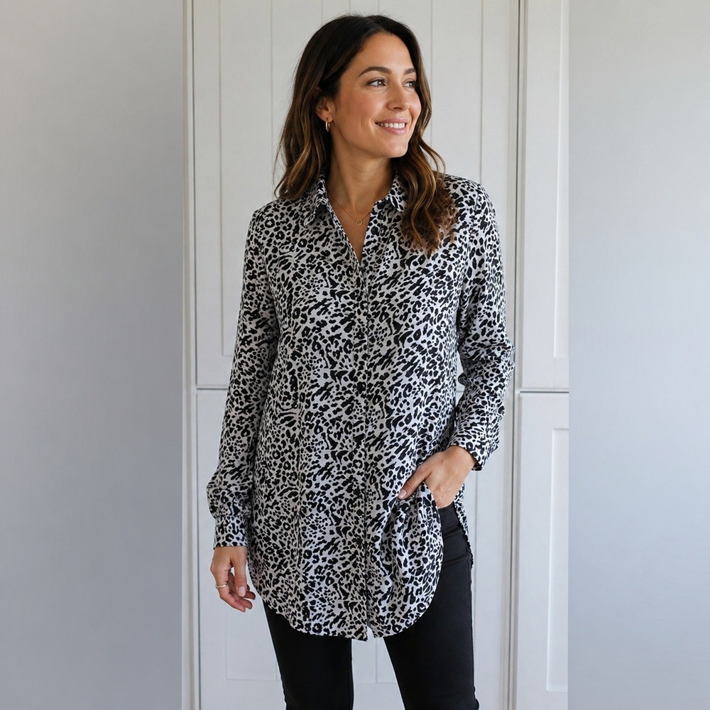 Matalan  Black White‎ Leopard Print Longline Button Down Shirt Size 16 UK 12 US